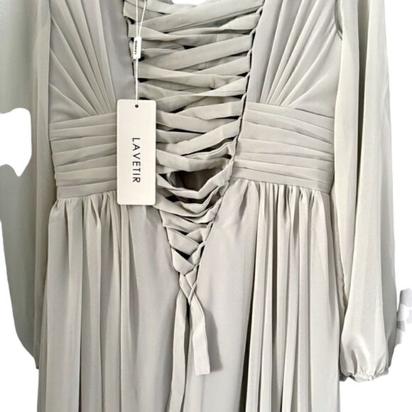 Lavetir Silver Chiffon V-Neck Long Formal A-Line Dress Lace Up Back Size Small - Picture 11 of 14